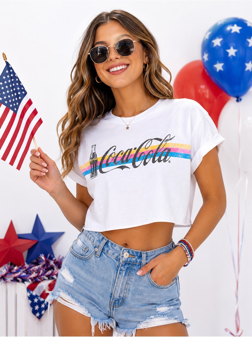 Coca-Cola White Graphic Tee with Retro Stripes Large